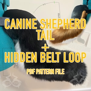 Puede incluir: Una cola canina negra y blanca con un lazo de cinturón oculto, y una cola separada marrón y beige. El texto de la imagen dice "CANINE SHEPHERD TAIL + HIDDEN BELT LOOP PDF PATTERN FILE."