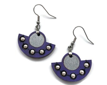 UFO Alien Flying Saucer Earrings Hand Painted in Purple and Silver Tone - Laser Cut Wood