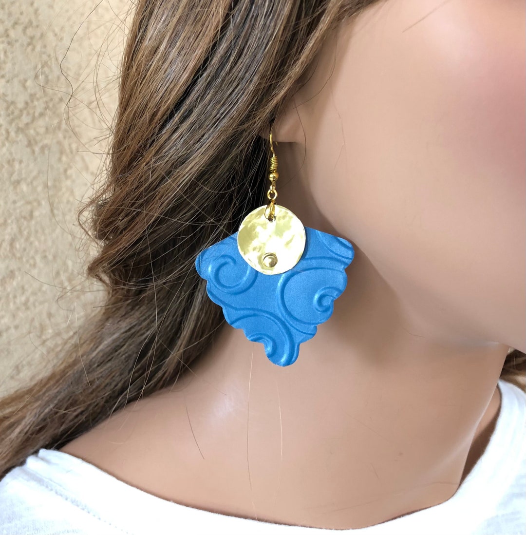 Recycled Can Blue and Gold Flare Earrings Upcycled Aluminum Soda Cans Riveted Embossed