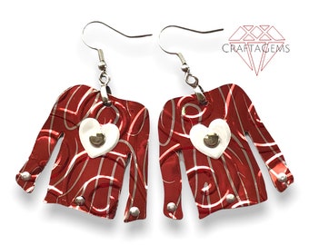 Recycled Can Sweater Tunic Heart Earrings - Upcycled Aluminum Beer Can - Riveted - Embossed - Metallic Brown and Silver