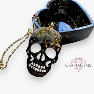 Black Resin Skull Pendant with Glitter Gold and Silvery Sparkles Choice of Chain length 20 or 22 inches image 2