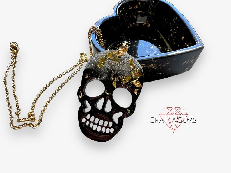Black Resin Skull Pendant with Glitter Gold and Silvery Sparkles Choice of Chain length 20 or 22 inches image 2