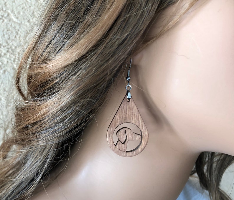 Choice of Silver Tone or Gold Plated Ear Wires Dog Silhouette Teardrop Wood Earrings Lightweight
