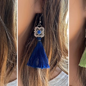 Elegant Tassel Earrings with Crystal Focals Green Royal Blue or Dusty Pink image 2