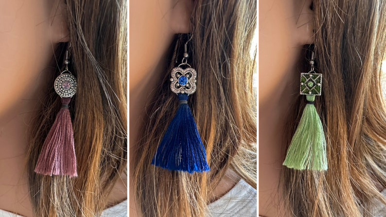 Elegant Tassel Earrings with Crystal Focals Green Royal Blue or Dusty Pink image 2