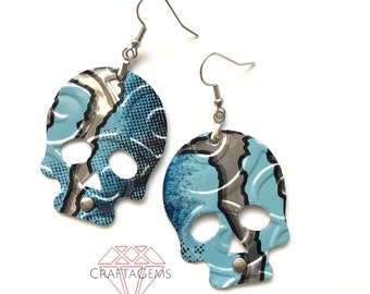 Recycled Can Aqua Skull Earrings with Monster Streak - Upcycled Aluminum Metal - Riveted - Embossed