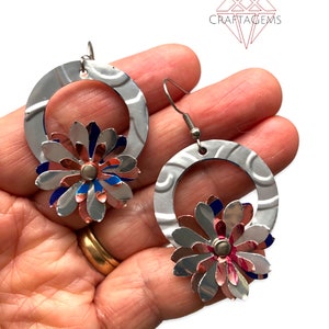 Floral Wreath Earrings in Silver Pink Blue Recycled Can Multi Layered Embossed Riveted Upcycled Metal image 3