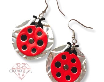 Recycled Can Ladybug Earrings - Upcycled  Aluminum  - Riveted Embossed