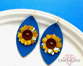 Recycled Soda Can Yellow Sunflower on Blue Faux Leather Earrings