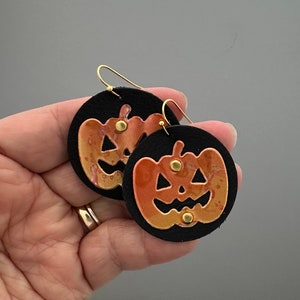 Recycled Metal Orange Pumpkin Earrings on Upcycled Black Leather for Halloween or Thanksgiving fun image 2