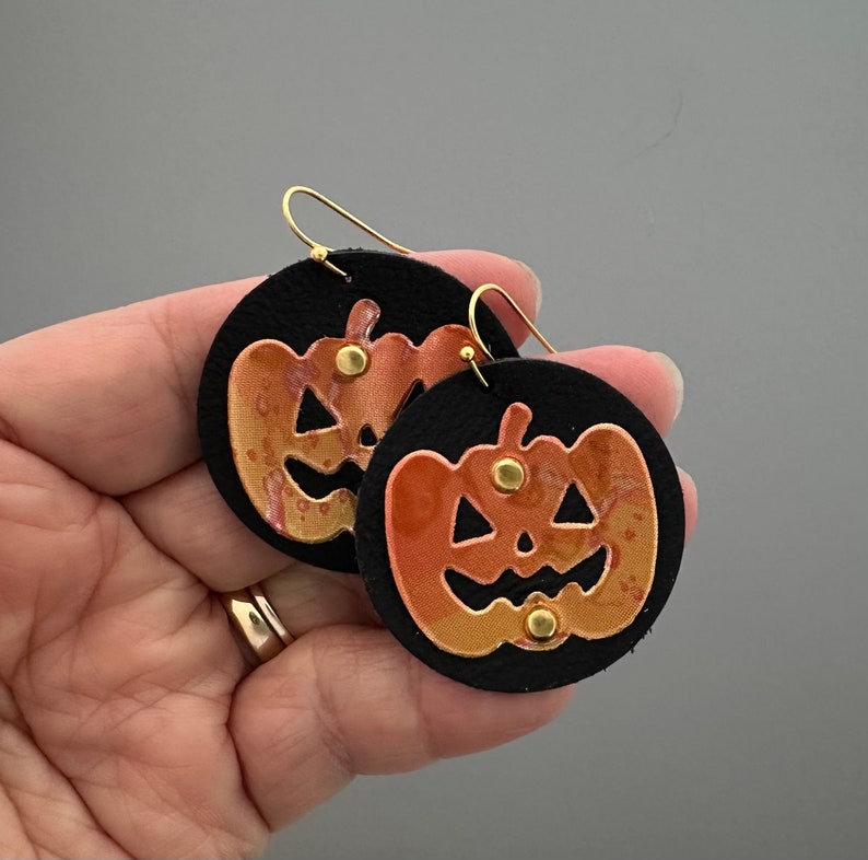 Recycled Metal Orange Pumpkin Earrings on Upcycled Black Leather for Halloween or Thanksgiving fun image 2