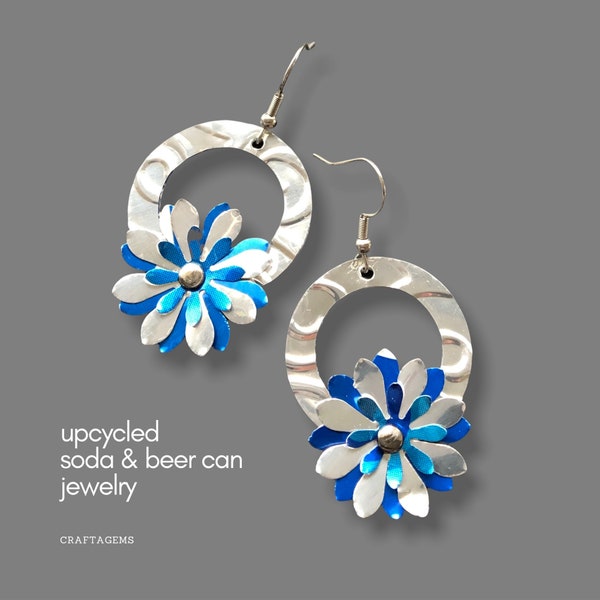 Recyled Can Floral Wreath Earrings in Silver and Blue - Multi Layered - Embossed - Riveted - Soda Can Art