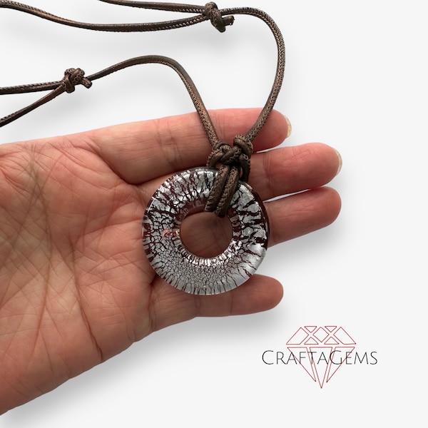 Adjustable Leather Cord Necklace with Handmade Silver Foil Glass Donut One of a Kind OOAK