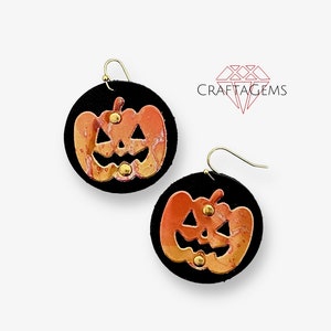 Recycled Metal Orange Pumpkin Earrings on Upcycled Black Leather for Halloween or Thanksgiving fun image 1