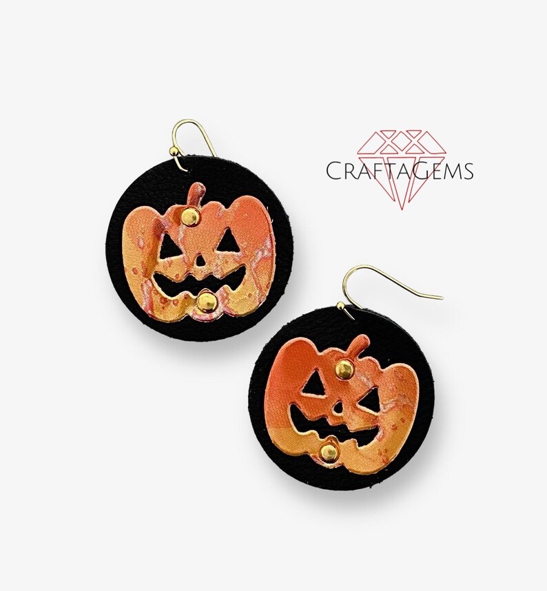 Recycled Metal Orange Pumpkin Earrings on Upcycled Black Leather for Halloween or Thanksgiving fun image 1