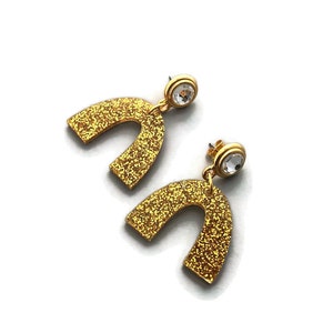 Gold Glitter Geometric U Acrylic Stud Dangle Earrings Contemporary Glamour Rhinestone 画像 4