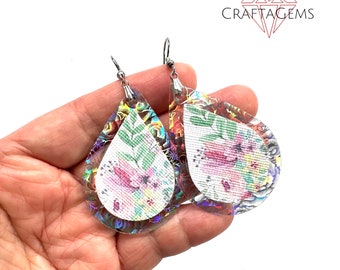 Floral Faux Leather Teardrop Earrings with Translucent Iridescent double layer pastel pink and green flowers