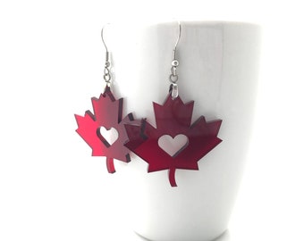 Red Maple Leaf Earrings Laser Cut Love Heart Canada Day July Patriotic - Acrylic
