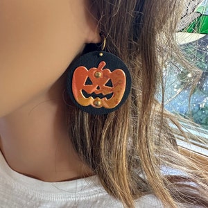 Recycled Metal Orange Pumpkin Earrings on Upcycled Black Leather for Halloween or Thanksgiving fun image 3