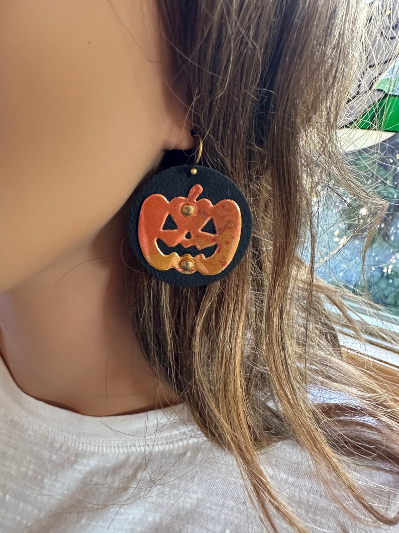 Recycled Metal Orange Pumpkin Earrings on Upcycled Black Leather for Halloween or Thanksgiving fun image 3