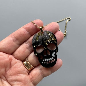 Black Resin Skull Pendant with Glitter Gold and Silvery Sparkles Choice of Chain length 20 or 22 inches image 4