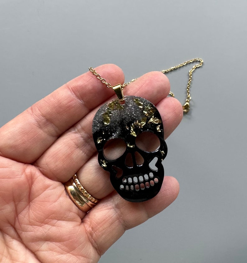 Black Resin Skull Pendant with Glitter Gold and Silvery Sparkles Choice of Chain length 20 or 22 inches image 4