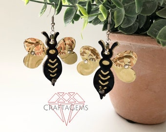 Recycled Can Bee Earrings - Upcycled Aluminum Metal  - Multi-layered Embossed Riveted