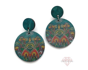 Teal Printed Wood Round Circle Stud Dangle Earrings - Sustainable Fashion