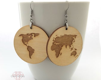Wood World Map Earrings -Round- Circle- Laser Cut - Silver Tone Earwires