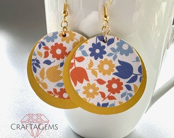 Round Floral Faux Leather Earrings -  Double Layered - Multi colored Flowers on White and Yellow Backgrounds