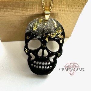 Black Resin Skull Pendant with Glitter Gold and Silvery Sparkles Choice of Chain length 20 or 22 inches image 3