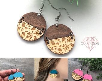 Wood Half Circle Botanical Earrings - Engraved - Floral - Walnut Brown Blue Pink Teal Accent Choices - Lightweight