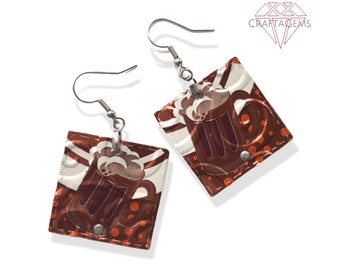 Recycled Can Beer Mug Earrings - Upcycled Aluminum Metal - Riveted - Embossed - Multilayered