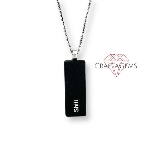 Unisex Recycled Tech Computer Key SHIFT Black Pendant Necklace- Adjustable Stainless Steel Necklace