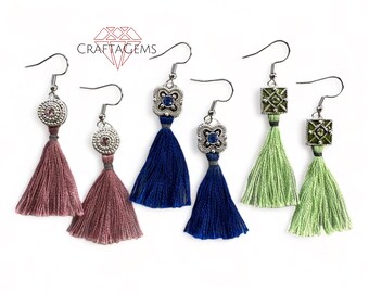 Elegant Tassel Earrings with Crystal Focals - Green Royal Blue or Dusty Pink