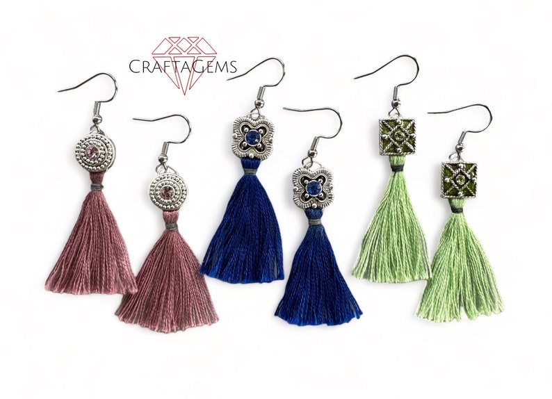Elegant Tassel Earrings with Crystal Focals Green Royal Blue or Dusty Pink image 1