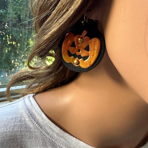 Recycled Metal Orange Pumpkin Earrings on Upcycled Black Leather for Halloween or Thanksgiving fun image 5