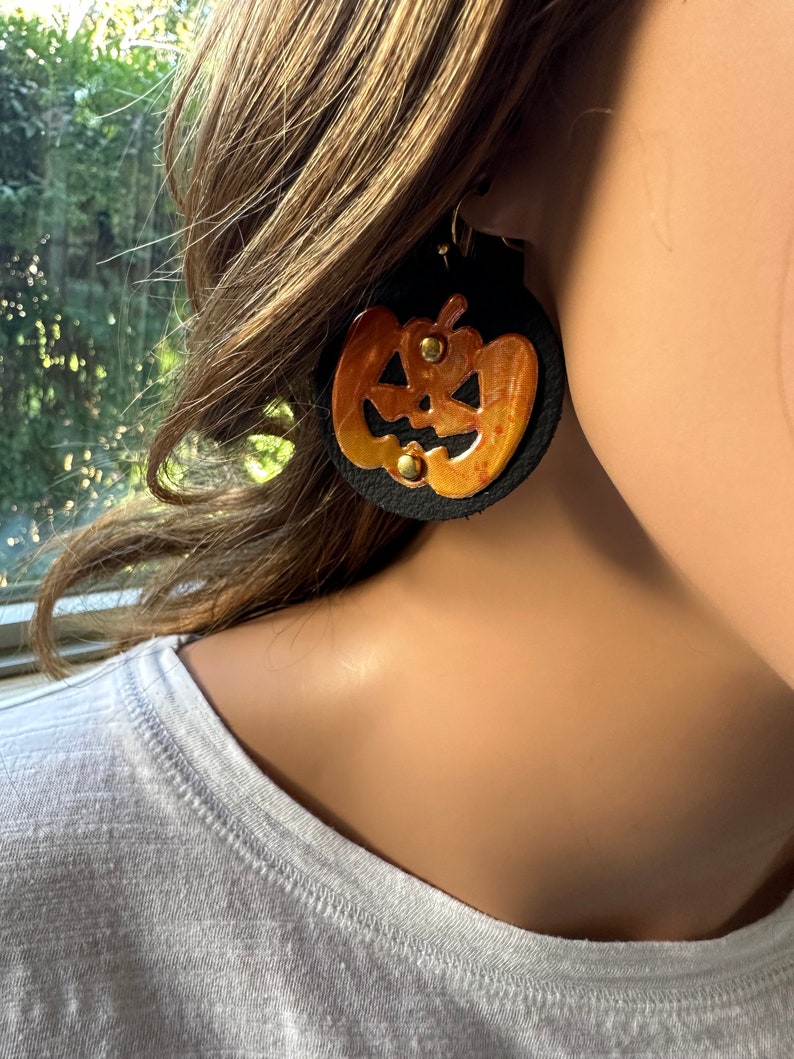 Recycled Metal Orange Pumpkin Earrings on Upcycled Black Leather for Halloween or Thanksgiving fun image 5