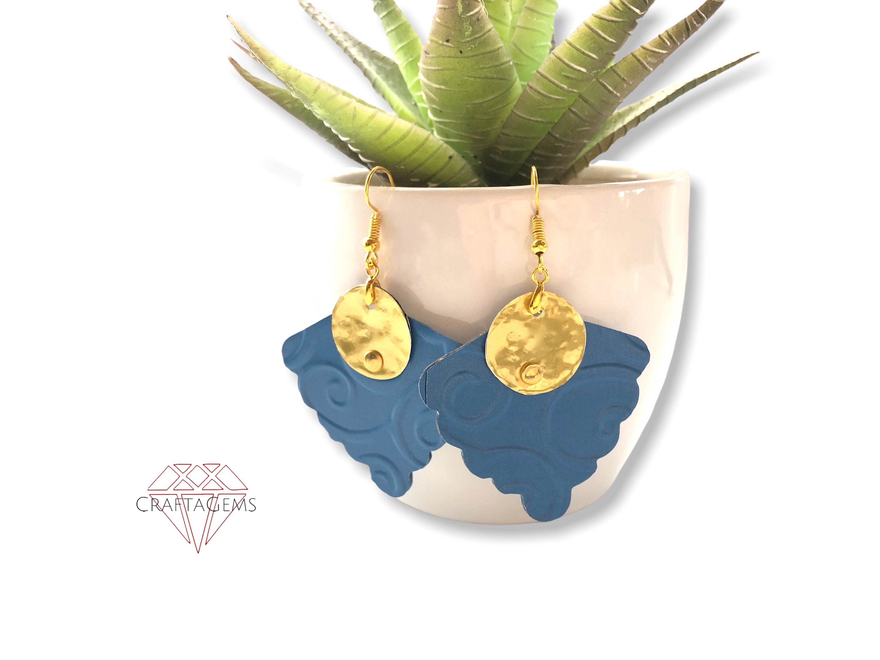 Recycled Can Blue and Gold Flare Earrings Upcycled Aluminum Soda Cans Riveted Embossed