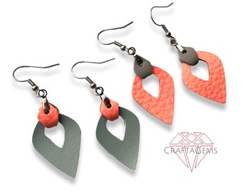 Dainty Real Leather Tab Earrings - Salmon Pink and Grey Color Combinations Upside Down or Reverse Teardrop