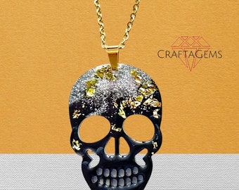 Black Resin Skull Pendant with Glitter Gold and Silvery Sparkles  Choice of Chain length - 20 or 22 inches