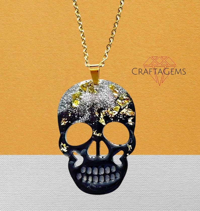 Black Resin Skull Pendant with Glitter Gold and Silvery Sparkles Choice of Chain length 20 or 22 inches image 1