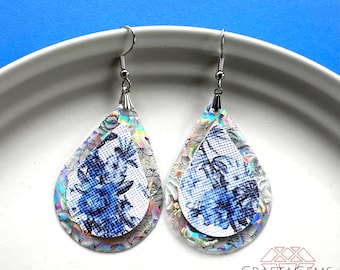 Floral Faux Leather Teardrop Earrings with Translucent Iridescent double layer  Blue flowers