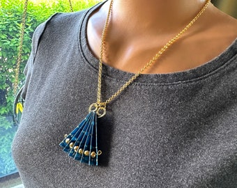 Recycled Paper Fan Necklace Gold Plated Blue Lightweight Sustainable One of a Kind Folded