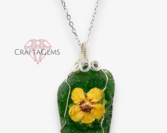 Real Sea Glass and Real Yellow Flower Pendant Necklace Silver Plated