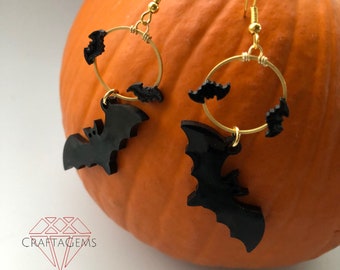 Resin Halloween Bat Earrings - Black with Brass Gold Ring and Gold Plated Ear Wires