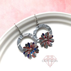 Floral Wreath Earrings in Silver Pink Blue Recycled Can Multi Layered Embossed Riveted Upcycled Metal image 1