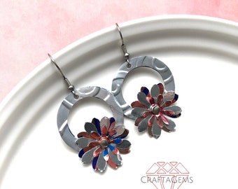 Floral Wreath Earrings in Silver Pink Blue - Recycled Can - Multi Layered - Embossed - Riveted - Upcycled Metal