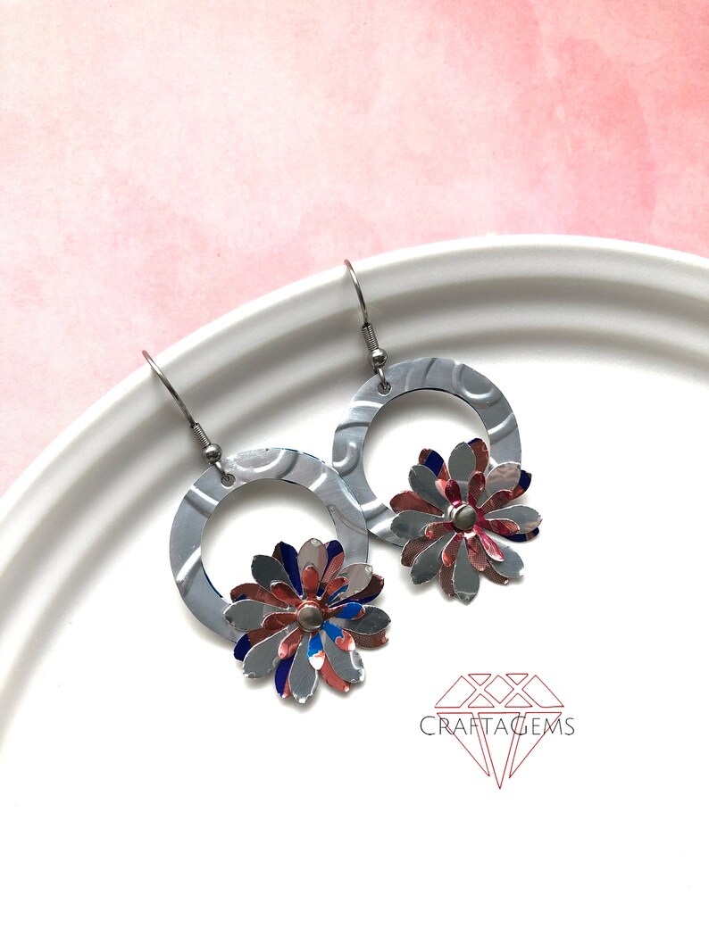 Floral Wreath Earrings in Silver Pink Blue Recycled Can Multi Layered Embossed Riveted Upcycled Metal image 1