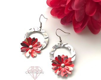 Recycled Can Floral Wreath Earrings - Silver and Red - Multi Layered - Embossed - Riveted - Upcycled Metal